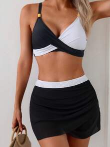 Women's 2 Piece Skirted Swimsuits Contrast Color Bikini Set Summer Two Piece Bathing Suits - Black - View 3