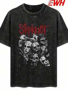 1 PcsBand Rock American Retro Washed Short Sleeve T-Shirt Men's And Women's Cotton Crew Neck Pullover Half SleeveDG004210g 100% Cotton,The Patterns Are All Printed. Unisex. - 黑色 - 查看 1