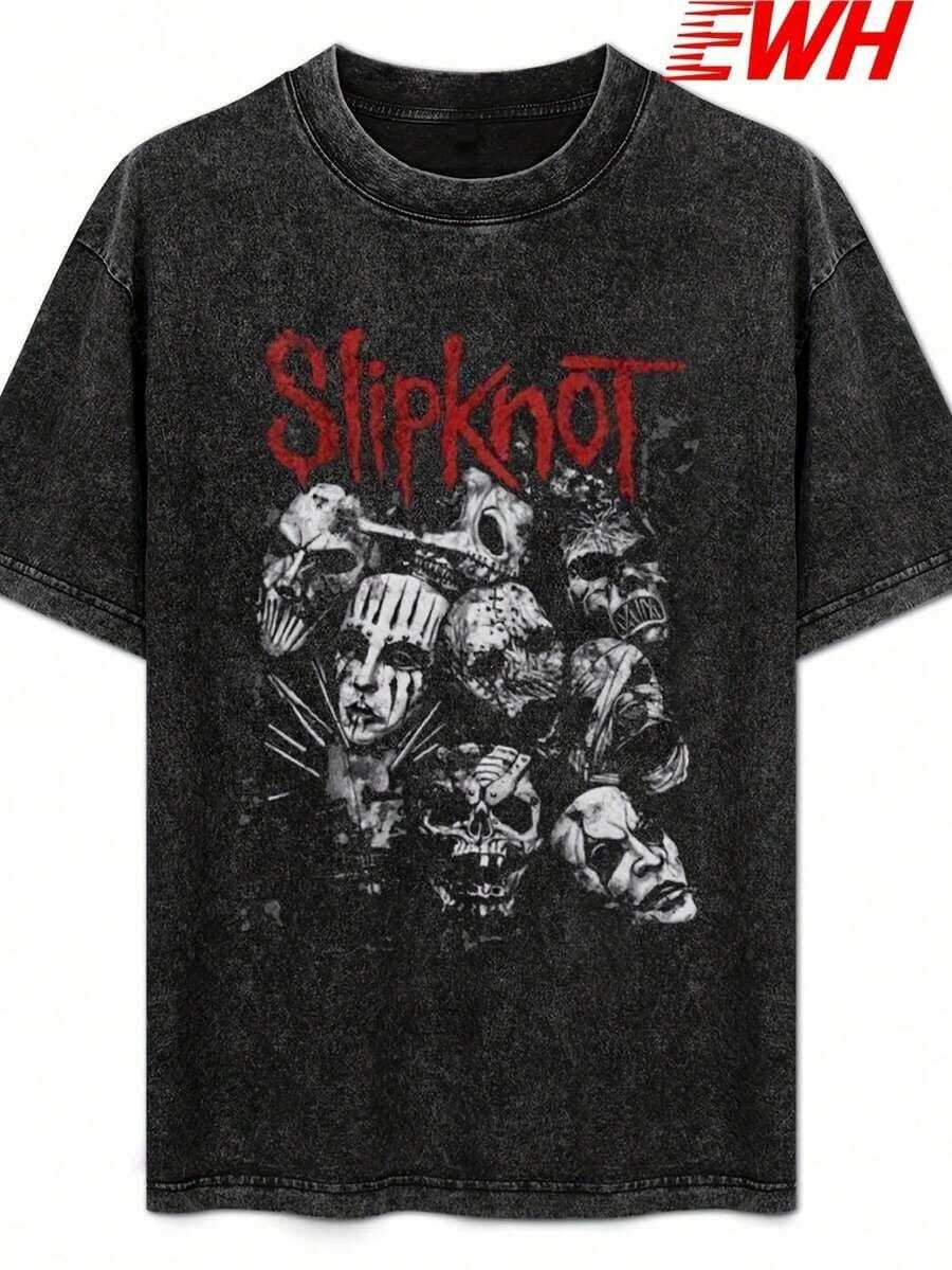 1 PcsBand Rock American Retro Washed Short Sleeve T-Shirt Men's And Women's Cotton Crew Neck Pullover Half SleeveDG004210g 100% Cotton,The Patterns Are All Printed. Unisex. - 黑色 - 查看 1