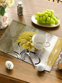 1/4/5/6/7pcs Vintage Style Floral Design Decoration Set, Living Room/Bedroom/Dining Room Decor, Linen-Like Material, Multi-Size Options, Dining Table Decor, Fireplace Mantel Scarf, Placemats, Coasters, Home Decor - Yellow - View 6