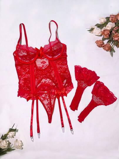 女士性感内衣套装，红色蕾丝刺绣花卉薄纱丝袜和丁字裤文胸，适合派对、情人节穿着