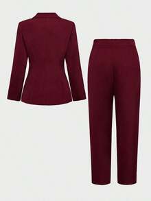 2pcs/Set Elegant Basic Slim Fit Blazer Jacket + Ankle-Length Pants, Suitable For Business, Commute And Daily Wear - 酒紅色 - 查看 11