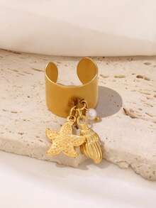 1pc Stainless Steel Starfish Shell Rings For Women Fashion Starfish Finger Open Ring Ocean Vacation Waterproof Jewelry - Ring - View 9