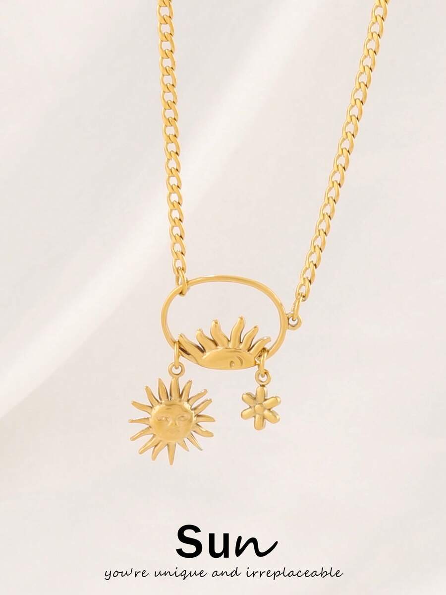 1件装不锈钢太阳吊坠项链，女士时尚设计，18K镀金饰品，锁骨项链首饰 - 項鍊 - 查看 1