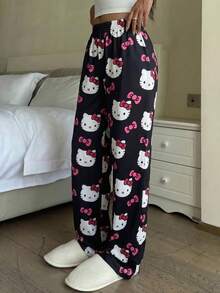 SANRIO 1 chiếc quần dài ống đứng màu đen mềm mại và dễ thương in họa tiết hoạt hình, quần ngủ mặc nhà dành cho nữ. - màu đen - Xem 2