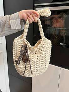 夏季海滩度假手提包，2023新款设计，大容量镂空编织单肩包，通勤两用 - 米色 - 查看 5