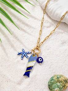 1pc Stainless Steel Chain Lobster Clasp & Starfish Pendant Necklace, Women's Summer Vacation Bohemian Style DIY Charming Necklace - Multicolor - View 4