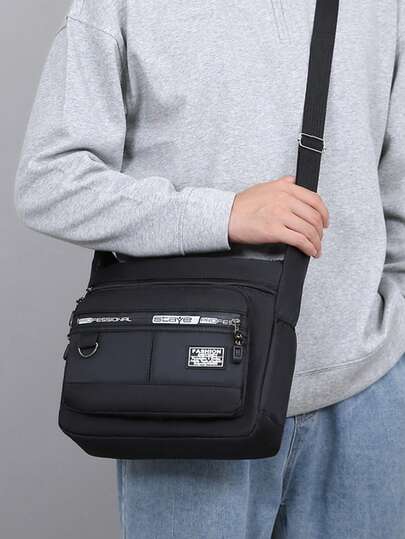 2026 男士尼龙斜挎包：多口袋防水单肩包，适合工作和徒步旅行，时尚黑色实用邮差包