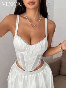 Vexica Women's Sexy & Elegant White Lace Patchwork Camisole Suitable For Wedding Guests, Bridal Parties, And Night Out - White - View 9