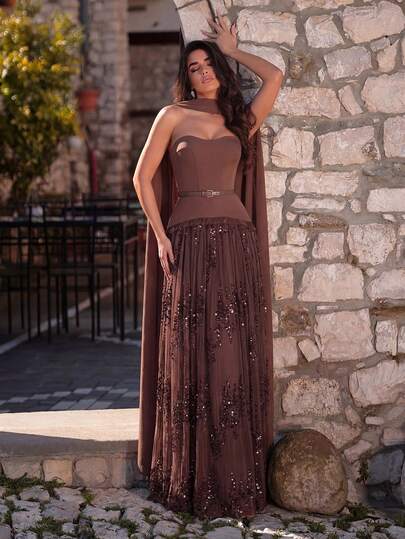 Faeriesty Elegant Spaghetti Strap Evening Gown - Beaded Fitted Bodice With Waist Belt Accent, Layered Sheer Skirt With Shimmering Sequin Embellishments, Suitable For Formal Weddings, Galas, Formal Parties And Luxury Celebrations