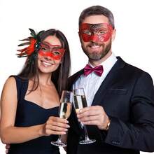 Couple Masks - Shiny Metal Wire Raspberry Crystal Venetian Mask, Men's Masquerade Mask (Handmade Mask, Line Drawings May Have Slight Variations But Won't Affect Usage) - Red 02 - View 5
