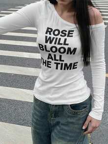 字母印花斜肩领长袖休闲修身女式T恤，春夏秋季款 - 白色 - 查看 2