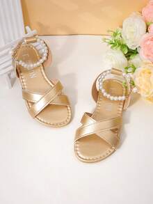 1双女童金属交叉绑带珍珠凉拖，打造公主风夏季造型 - 金色 - 查看 2