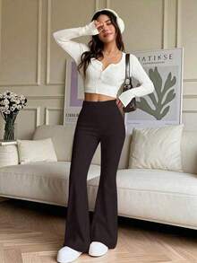 高腰弹力喇叭瑜伽裤，压缩紧身运动裤，适合运动、跑步、健身，透气速干，女士春季运动裤 - 棕色 - 查看 3