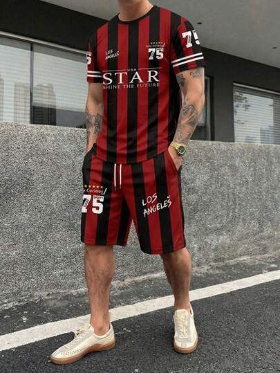 Men's Casual Sports Set - Printed Short Sleeve T-Shirt And Shorts Combination, Summer Outdoor Wear