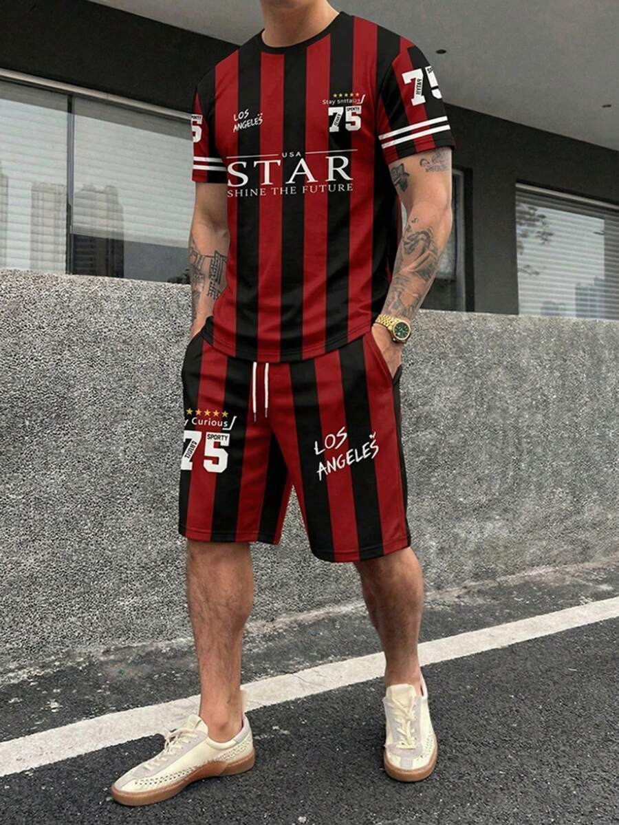 Ensemble sport décontracté pour hommes - T-shirt à manches courtes imprimé et short, tenue d'été pour l'extérieur - Multicolore - Voir 1