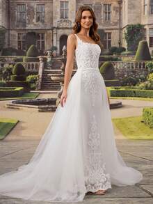 HEARBOBO 优雅复古白色蕾丝贴花美人鱼婚纱，带拖尾，春季款 - 白色 - 查看 9