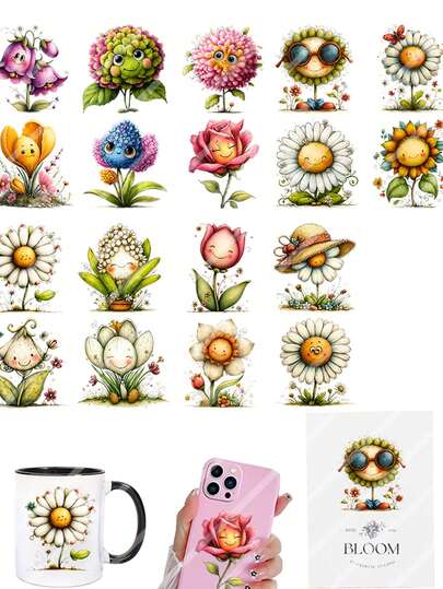 3 قطع ملصقات نقل قابلة للإزالة بطبعات زهور وأوجه ابتسامة للحماية من الأشعة فوق البنفسجية، قابلة للتطبيق على الأكواب والأكواب القهوة والزجاج والمزهريات والأجهزة المحمولة والبطاقات والدفاتر والألبومات وديكور الأثاث، بحجم 6.8 سم