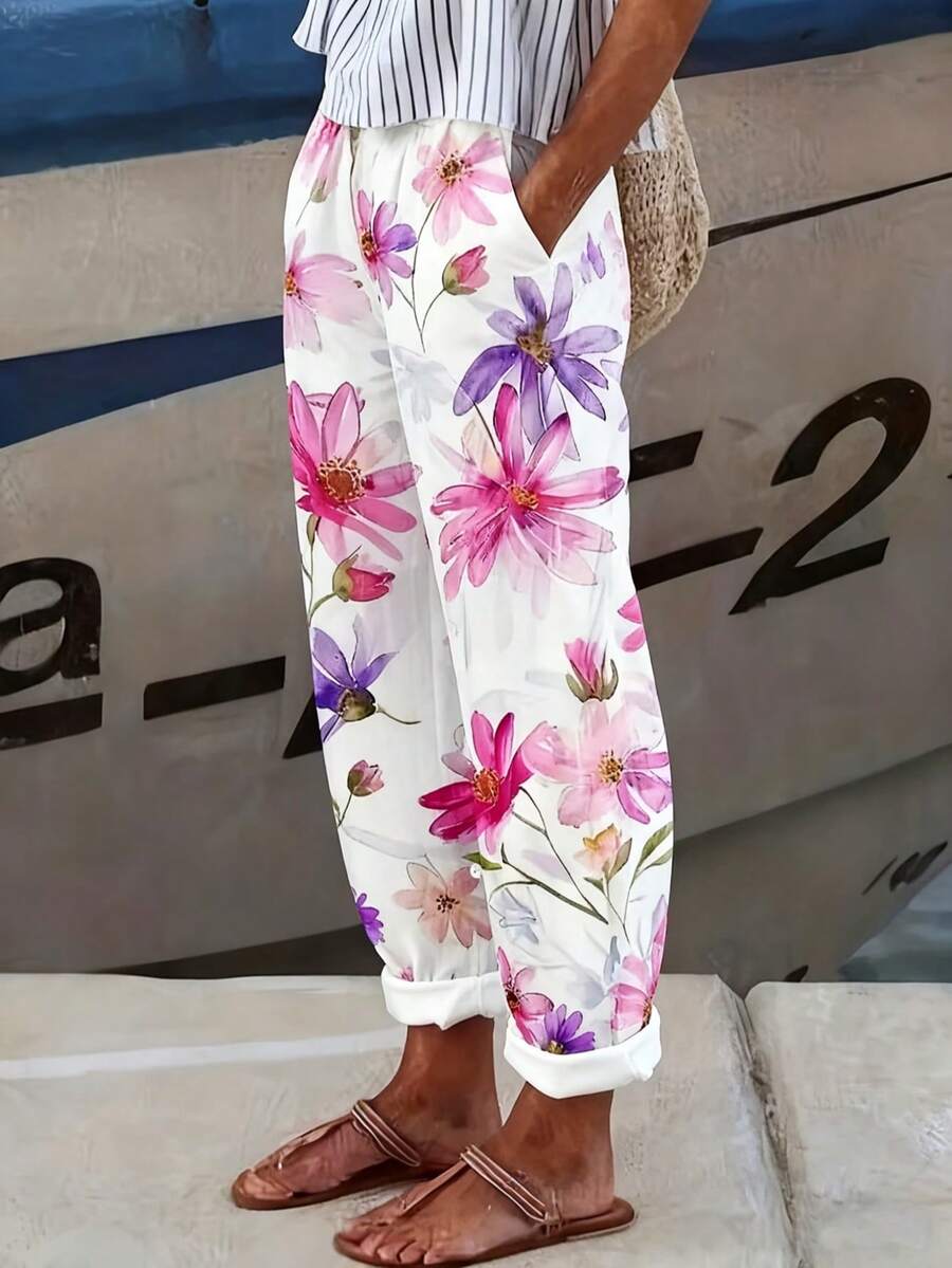 水彩花卉印花卷边袖短袖条纹圆领上衣，搭配高腰直筒裤，轻盈透气的亚麻面料，白色底色饰以粉色和紫色印花，波西米亚度假风，海滩度假夏季休闲装，适合春季出行。 - 彩色 - 查看 1