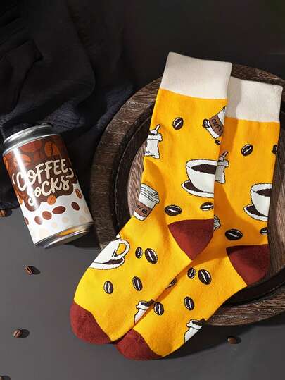 男士卡通咖啡图案中筒袜一双，撞色设计，时尚个性，透气吸湿，适合春夏秋季休闲/运动穿着，节日送礼佳品