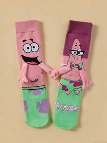 SpongeBob SquarePants 1/2/4双装可爱卡通手牵手磁性情侣袜，适合情侣和闺蜜的同款袜子，韩版 - 彩色 - 查看 4