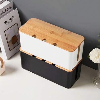 Large Wooden Grain Cable Management Box - Suitable For TV Cables, Computer Cables, USB Hubs And Under-Desk Power Strips, Made Of ABS Plastic