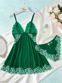 2 piezas Conjunto de ropa de dormir con encaje floral en contraste, camisón semitransparente con cuello en V y lazo, pijama elegante para mujer - Verde - Ver 3
