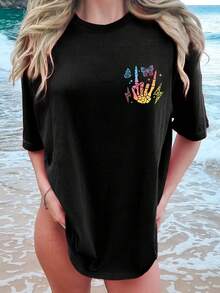 Camiseta de manga corta con cuello redondo MONTERHOOD, estampada a mano con diseño de calavera y letras, con diseño de doble cara. - Negro - Ver 1