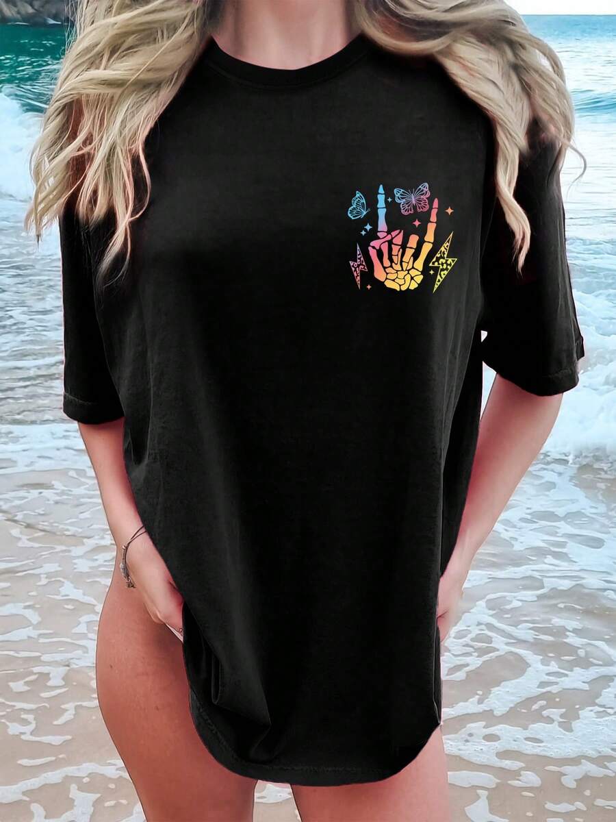 Camiseta de manga corta con cuello redondo MONTERHOOD, estampada a mano con diseño de calavera y letras, con diseño de doble cara. - Negro - Ver 1