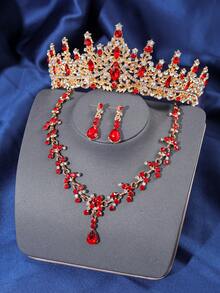 4pcs Crown Headpiece Set, Elegant & Luxurious Rhinestone Queen Crown Necklace Earrings Bridal Wedding Accessories - Red - View 7