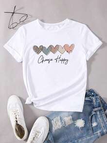 Camiseta de cuello redondo con gráfico de corazón y letras "Choose Happy", camisetas gráficas para mujer de verano y primavera - Blanco - Ver 1