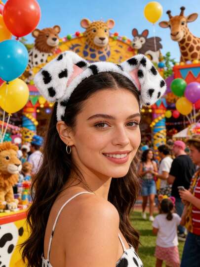 1个毛绒动物耳朵头箍，万圣节圣诞节假日主题派对动物服装头饰