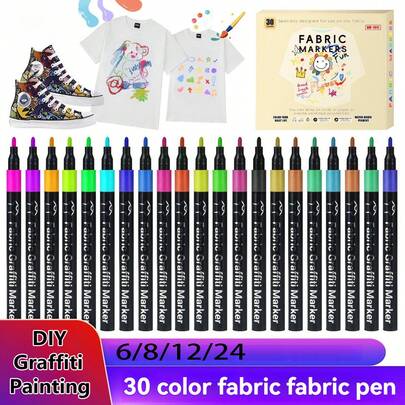 Back To School & Fabric DIY Painting Pens, Textile Markers, 6/8/12/24/30 Colors Available, Bleed-Proof, Fade-Resistant For Clothing, Fabric DIY Decoration Markers, Textile-Specific Markers, Multi-Size Fabric Painting Pens, Waterproof, Colorfast For Clothes/Fabric, Bleed-Proof Fabric Painting Pens