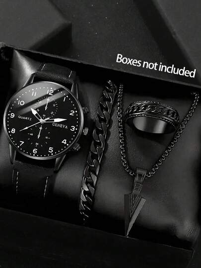 Bộ 4 đồng hồ thạch anh trẻ em kiểu dáng thường ngày, mặt đen và dây chuyền mặt hình mũi tên, phụ kiện thời trang - Món quà hoàn hảo cho Ngày của Cha, Ngày Valentine, Lễ Phục Sinh, Sinh nhật và Giáng sinh.