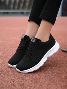 Women's Comfortable Lightweight Mesh Sneakers, Breathable Lace-Up Running Shoes, Casual Fashion Shoes, White, Flat, Casual, Sports, Stylish Thick-Soled Mesh Woven Casual Shoes - Black - View 2