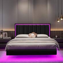 Floating Bed Frame With LED Light, Upholstered Platform Bed With PU Leather, Noise-Free, Easy Assembly, Full/ Queen/ King, Black/ White ( USB LED Strip) - 黑色 - 查看 5