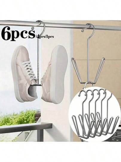 6 قطع رف أحذية من الفولاذ المقاوم للصدأ، منظم أحذية منزلي، رف أحذية من الفولاذ المقاوم للصدأ - 2/4 طبقات، خطاطيف عرض الأحذية من الفولاذ المقاوم للصدأ، رف أحذية