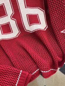 女士夏季宽松大码卫衣，休闲数字印花优雅轻盈镂空针织上衣，春季款 - 酒紅色 - 查看 8