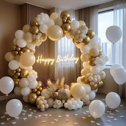126件套沙白色气球拱门花环套装，白色和金色气球，带胶点，适用于生日、情人节、新娘送礼会、夏季聚会、新年派对、舞会以及室内/室外装饰