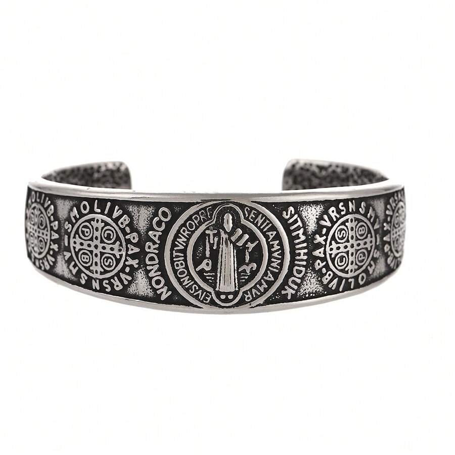 St Benedict Exorcism Medal Cuff Bracelet, Stainless Steel Christian Catholic Roman Cross Bangle, Patron Saint Amulet Medal Jewelry - One Size - View 1