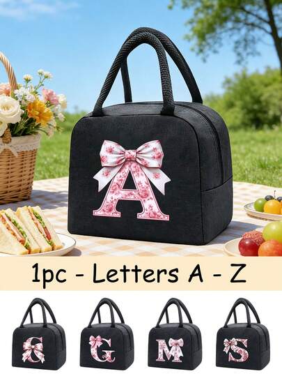 Elegant Pink Bow Insulated Lunch Bag, Large Capacity Student Lunch Storage Bag, Portable Travel Picnic Bag; Multifunctional Handbag. Black Cutlery Storage Bag. Essential For Spring And Summer. Suitable For Office, Outdoor, Holiday, Travel, School. Birthday Gift, Wedding Accessory, Back To School Gift, Mother's Day Gift, Bridesmaid Gift, Easter Gift. Suitable For Giving To Family, Friends And Couples