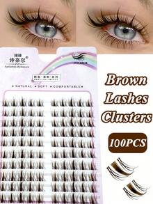 100pcs C-Curl Brown Anime Style Transparent Stem Cluster False Eyelashes, Natural & Lengthening, Manga Design, Individual Lashes For DIY - C - View 1