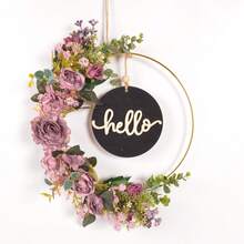 1 vòng hoa nhân tạo có biển chào mừng, lá nho và hoa thược dược trang trí cho cửa trước, mọi mùa - Nhiều màu - Xem 33