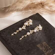 Vintage Pearl Diamond Long Drop Earrings, 18K Gold Plated Pearl Leaf Earrings, Bridesmaid Gift, Bridal Wedding Earrings, Gift For Wife - 金色 - 查看 5