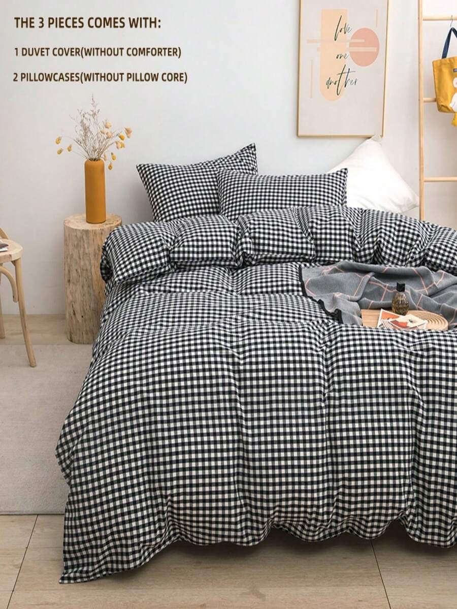 卡其色格子床罩，大号 - 超柔软被套系列 - 轻盈透气，适合女孩 - 柔软透气床品（大号，白色，黑色） - 黑色 - 查看 1