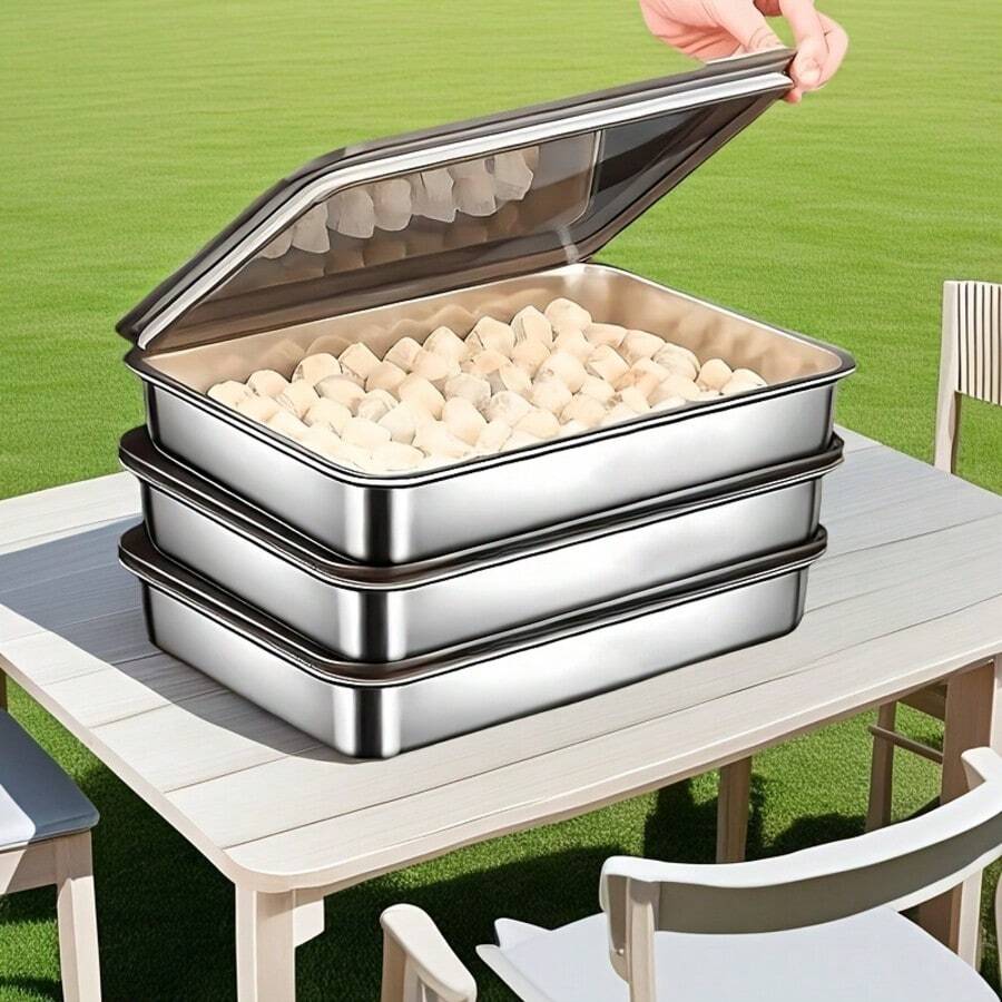 3-Piece Stainless Steel Food Storage Container Set - Leak-Proof, Reusable, Dumpling Plate, Food Storage Container, Baking Tray, Stackable Kitchen Storage Boxes, Suitable For Fruits, Meats, And Vegetables, Ideal For Outdoor, Camping, And Home Use, Easy To Clean, Stackable Kitchen Storage Containers, Suitable For Refrigerators - 彩色 - 查看 1