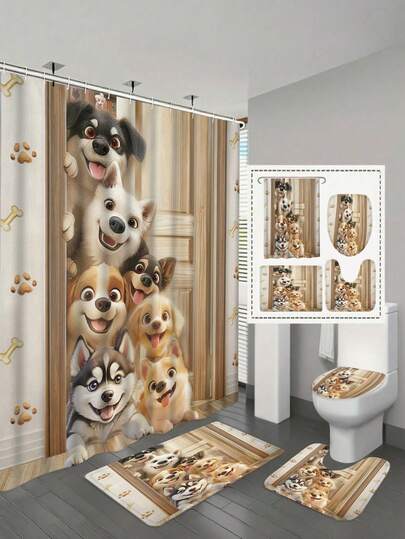 1/4 套装 - 趣味狗狗浴帘套装，农舍风可爱动物谷仓门小狗浴室帘，复古木板浴帘，布艺浴室装饰套装，包含防水浴帘（含 12 个塑料挂钩）、防滑地垫、U 型马桶垫、马桶盖垫、卡通水彩小狗爪印动物现代防水浴室家居装饰