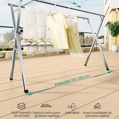 Perchero, Secador de Piso, Extensible de 133-200 Cm, Plegable, Independiente, para Uso en Interiores y Exteriores, Gris de Paloma