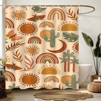1 chiếc rèm tắm họa tiết cây cối trừu tượng phong cách retro, rèm tắm in hình mặt trời và mặt trăng hoạt hình, thích hợp cho nhiều loại cửa phòng, cửa sổ, vách ngăn trang trí phòng tắm, phụ kiện phòng tắm.