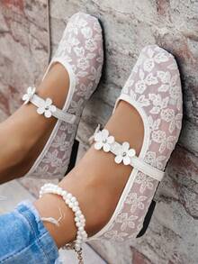 Bow-Tie Square Toe Women's Flat Shoes, Knitted Casual Shoes, Plus Size Casual Ballet Shoes, Comfortable Ballet Shoes For Summer, Slip-On Loafers For Mothers, Casual Versatile Women's Shoes, Bohemian Style Yellow, Black, White, Beige, Light Blue, Leopard Print Lace Flat Shoes, European And American Plus Size Summer Casual Outdoor Walking Shoes, Slouchy Shoes, Hollow Bowknot Women's Shoes, Elegant White Flat Shoes, Floral - B01 White - View 5